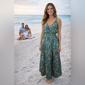 Parami Design Smocked Waist  Maxi Sundress Sz S Floral Boho Resort Adjustable